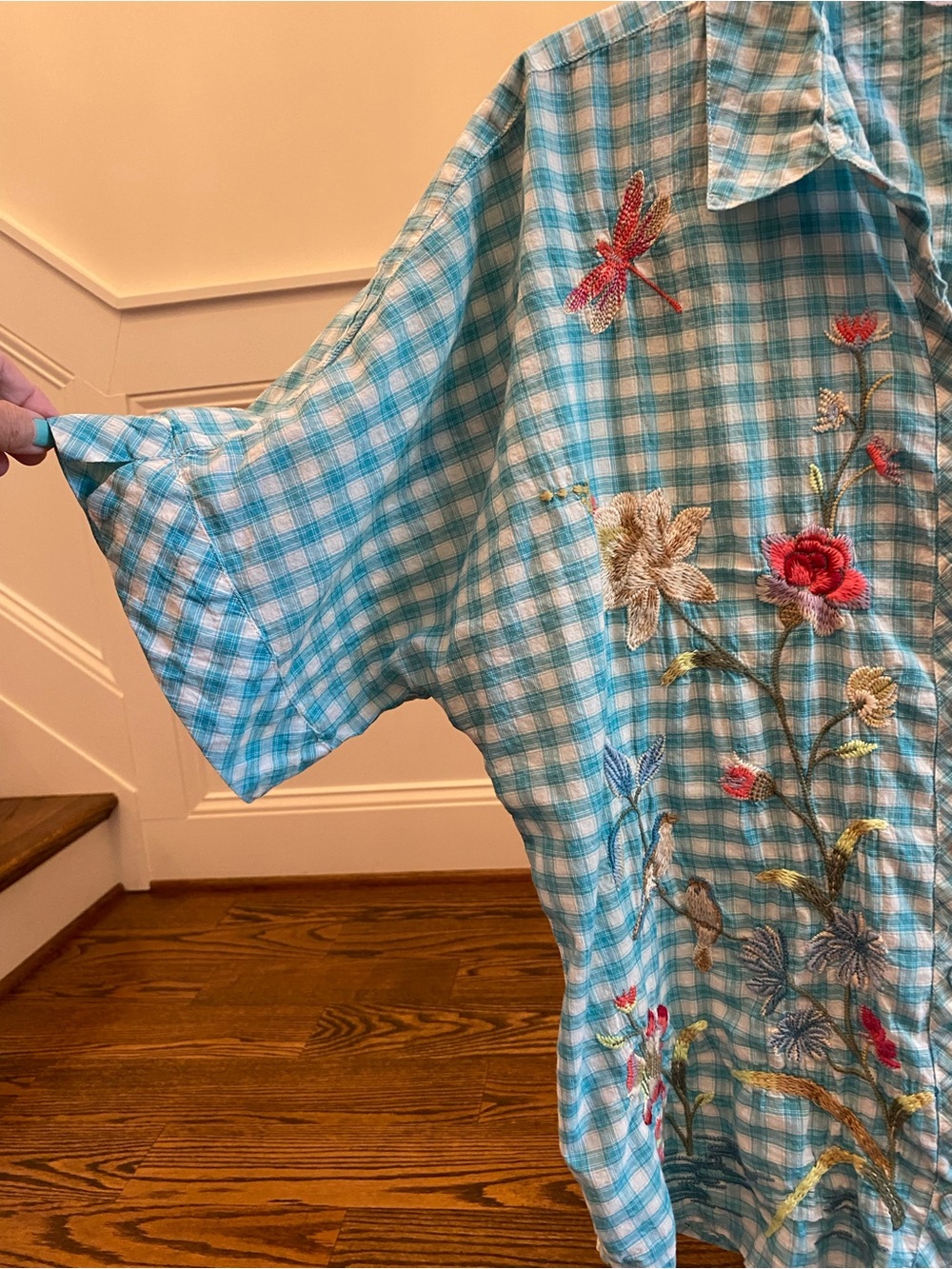 Johnny Was Turquoise Gingham Embroidered Button-Front Blouse , great condition! - Picture 15 of 16